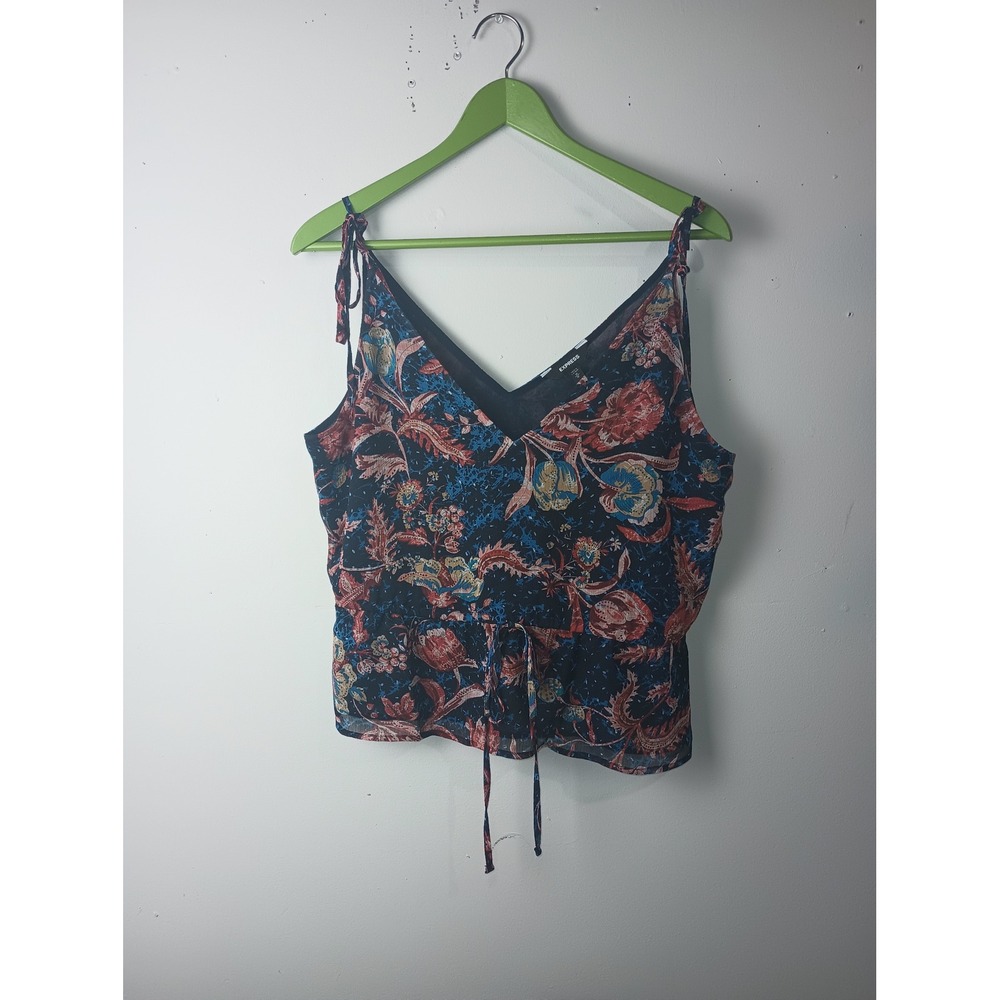 Express Women Navy Floral Tie Shoulder Peplum Camisole V-Neck Tank Top M